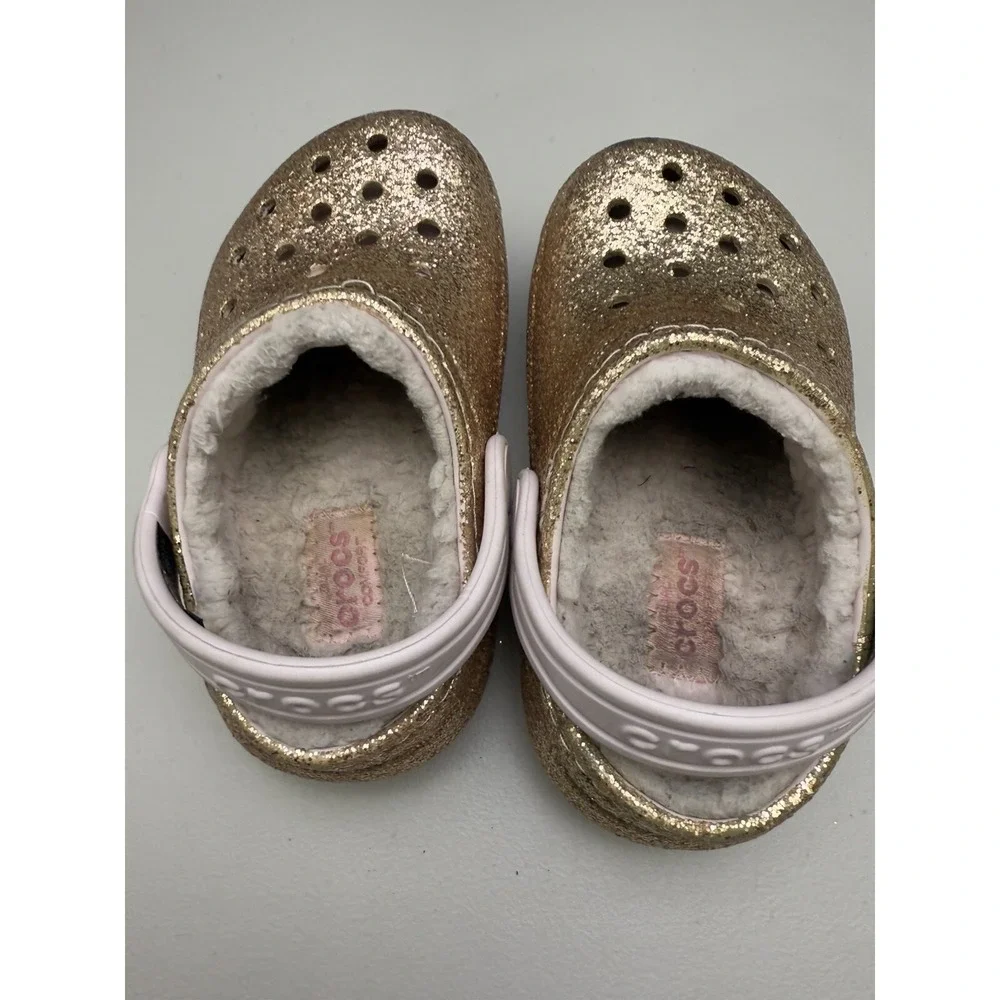 Kids Crocs Classic Glitter Lined Clogs Childrens‎ Warm Fuzz Slippers Shoes Sz C7